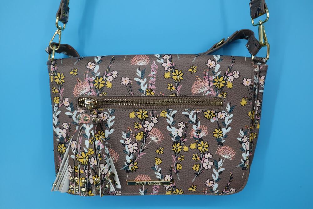 Steve Madden Floral Crossbody Bag Taupe Tassel Adjustable Strap Purse